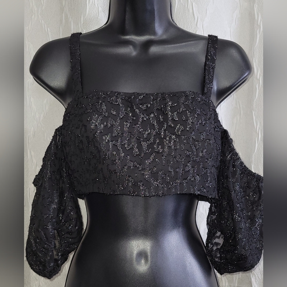 Revolve x LPA | Black Shimmer Off-Shoulder Crop Top | Size S
